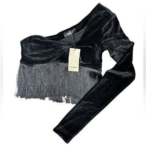 Bogdar Velvet Fringe One Shoulder Copped Top Size Small
